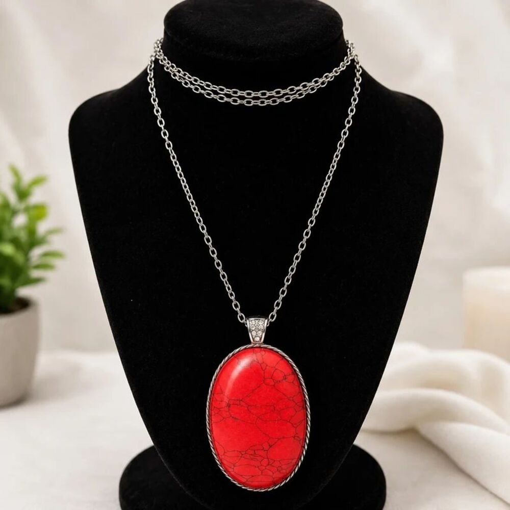 Red Stone Silver Tone Statement Pendant Necklace